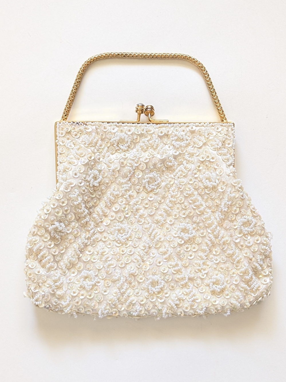 Elegant Vintage Ivory Beaded Handbag with Gold Frame
